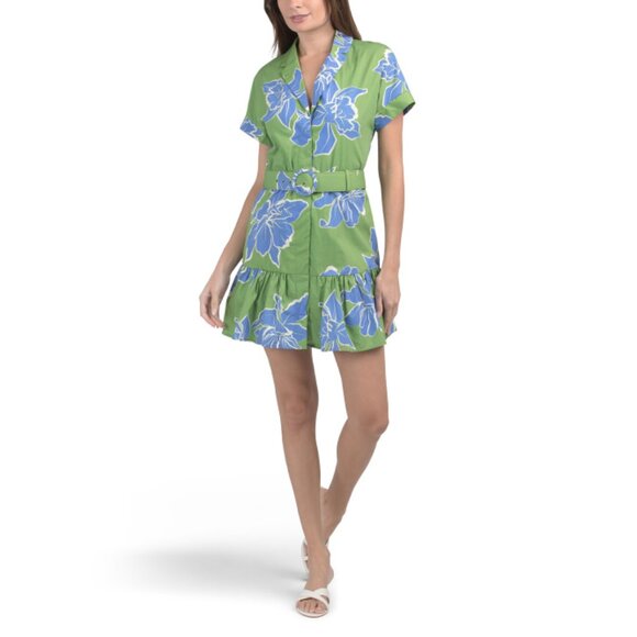 HUTCH Blue Multi Peach Poplin Printed Mini Dress With Belt